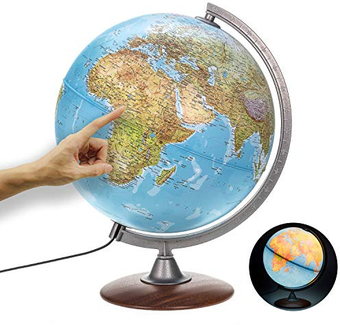 ORBIT Globes & Maps - Leuchtglobus - 30cm Globus mit Holzfuß, Kartenbild 2026 physikalisch/politisch mit LED Leuchte, aktuelles deutsches Kartenbild