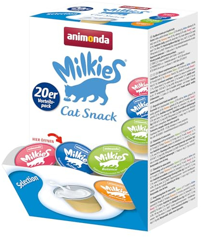 animonda Milkies Katzensnack mit Milch - Cups Selection Mixpack (20 Cups à 15 g), leicht verdauliche Katzenmilch für Erwachsene Katzen, Milch-Snack ohne Soja und Zucker