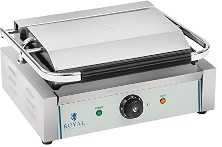 Royal Catering Kontaktgrill, Elektrogrill, Panini-Grill, 2 200 W, 230 V | Fettauffangschale, Grillplatte geriffelt, Temperatur bis 300 °C, Edelstahl/emailliertes Gusseisen