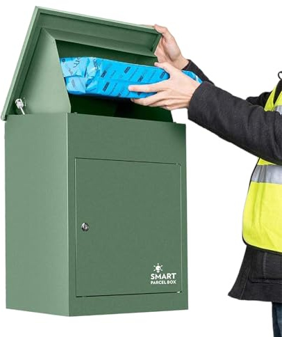 Smart Parcel Box Paketbox M - Paketbriefkasten wetterfest, grün | Postbox für Pakete outdoor, Paketbox draußen, Wandmontage, Front-Entnahme, verzinkter Stahl, rostfrei, pulverbeschichtet