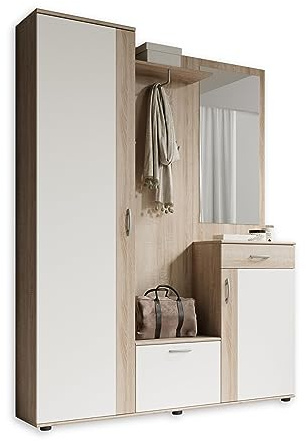 Stella Trading PATENT Flurgarderoben Set in Sonoma Eiche Optik, Weiß - Stylishe Kompaktgarderobe mit Spiegel für Ihren Eingangsbereich - 145 x 184 x 29 cm (B/H/T), Braun