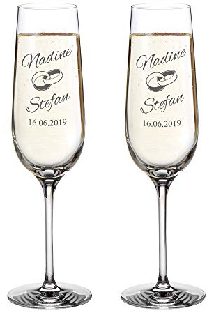 AMAVEL 2er Set Sektgläser mit Gravur zur Hochzeit, Ringe, Personalisiert mit Namen und Datum, Sekttulpen, Füllmenge: ca. 0,2 l