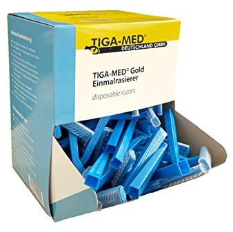 TIGA-MED Einmal-Rasierer | 100 Stück | einschneidig | sehr scharf | blau | in praktischer Spenderbox | Griff aus Polystyrol | Einwegrasierer Einmalrasierer