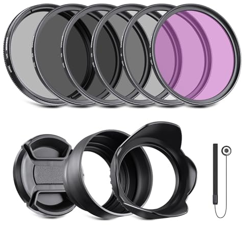 NEEWER 58mm ND Filter Kit und Objektivzubehör, ND2 ND4 ND8 UV FLD CPL(Circular Polarizing) Filter Set mit Objektivdeckel/Tulpenförmige Gegenlichtblende