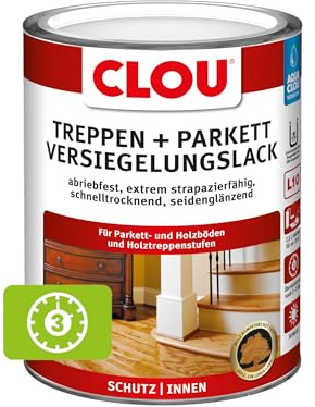 CLOU L10 Aqua Treppen + Parkett Versiegelungslack: Lack für neue Holzböden und Renovierungen, Dielen, Holztreppenstufen, Korkböden - abriebfest, wasserverdünnbar, seidenglänzend, 2,5 L