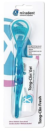 miradent Tong-Clin Fresh Set Zungenreiniger mit Doppelfunktion und Zungenreinigungsgel 15 ml | abgestimmtes Zungenreinigungsset zur sanften Beseitigung von Zungenbelägen und Mundgeruch | alkoholfrei