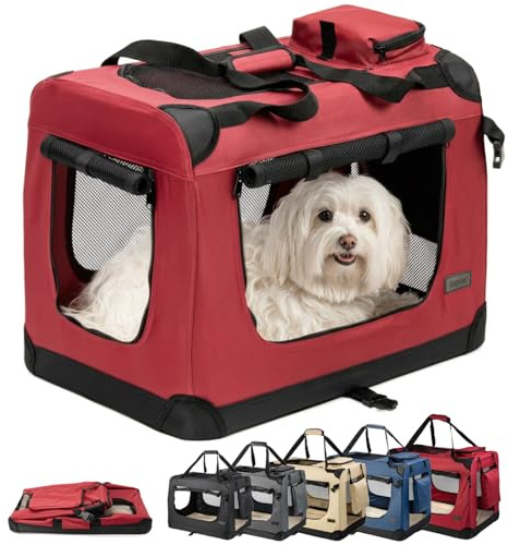 lionto Hundetransportbox, Faltbar, für Reise & Auto, 60x42x44 cm, Rot | Stabile Hundebox aus Stoff mit Netzfenstern, Tragegriffen, weicher Decke & Taschen, für Katzen & Hunde bis 12 kg geeignet