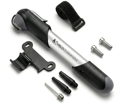 VeloChampion Mini Fahrradpumpe, kompakte Luftpumpe 100 PSI/6.8BAR für Presta, Schrader & Dunlop Ventile, für Rennrad, Trekkingrad & E-Bike, mit Rahmenhalterung, Ballnadel (Pumpe)