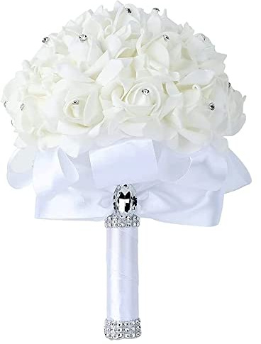 Wedding Bouquet Braut Unternehmen Kristall Blumen Diamant Rosen Schaumstoff Firma Blumen mit Band Schöne Brautjungfer Wedding Bouquet Künstliche Seidenblumen Hand Holding (weiß)