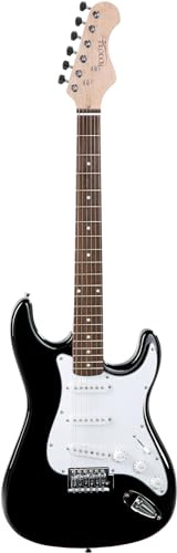 Rocktile Sphere Classic Black E-Gitarre (weißes Schlagbrett, 3x Single Coil Tonabnehmer, 21 Bünde, Engineering Wood Griffbrett, Tremolo-Bridge, 2,5m Gitarrenkabel, Tremolohebel und Inbusschlüssel)