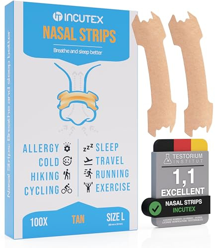 Incutex 100 Stück Nasenpflaster gegen Schnarchen, Größe L, 66x19 mm, Beige | Nasenstreifen für Männer Frauen, Anti-Schnarch Hilfe, Nasenstrip, Schnarchstopper, Nose Strip, Besser Atmen im Schlaf Sport