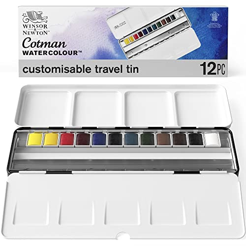 Winsor & Newton 0390453 Blue Box, 12 lebendige Wasserfarben aus hochwertigen Pigmenten in 1/2 Näpfen mit Mischpalette im Metallkasten