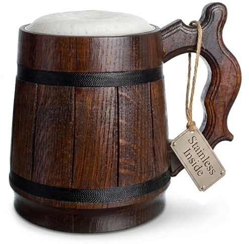 Handgefertigter Bierkrug aus Eichenholz Edelstahl Tasse Natürlich Umweltfreundlich 0,6 Liter 20 Unzen Krug Retro braun