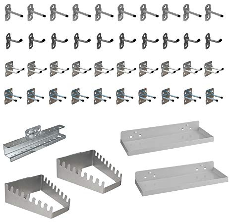ADB Lochblech Hakensortiment 45-teilig - pulverbeschichtet, RAL 9006, für 10x10 mm Vierkantlochung, inkl. Haken, Halter und Ablageböden