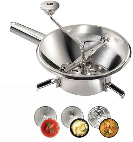 LA BONNE GRAINE Edelstahl-Passiermühle 24 cm | Profi Flotte Lotte mit 3 Siebscheiben | Passiergerät für Obst und Gemüse | Ideal für Sauce, Suppe, Marmelade