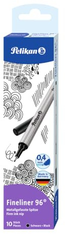 Pelikan Fineliner 96, Strichstärke 0,4 mm, Schaft silber, Kappe und Endstück in Strichfarbe, schwarz, 10 Stück