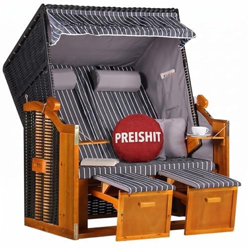 MR. DEKO® Strandkorb Ostsee 2-Sitzer Anthrazit | Volllieger Gartenmöbel | Polyrattan Hartholz | Komfortabler Sonnenkorb für Terrasse und Balkon | Inkl. 2 Klapptische und Kissen Royal Anthrazit