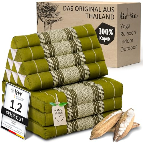 livasia Thaikissen mit 3 Auflagen - 175x50x8cm - Dreieckskissen mit Klappmatratze, Keilkissen Kapok, Rückenkissen faltbar, Thaimatte zum Klappen, handgefertigt, Meditationskissen (Grün)