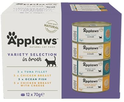 Applaws 100% natürliches Premium-Nassfutter für Katzen in Brühe für ausgewachsene Katzen - Thunfisch, Huhn, Meeresfisch Gemischte Auswahl in Brühe - Packung mit 12 x 70g Dosen