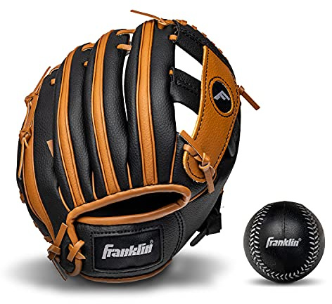 Franklin Sports Unisex Jugendliche Rechtshänder Werfer Franklin Sports Kinder Baseballhandschuhe RTP Kinder Tball Handschuh Ballset Jungen Mädchen Teeball Handschuh Schwarz/Hellbraun, Größe 9,5