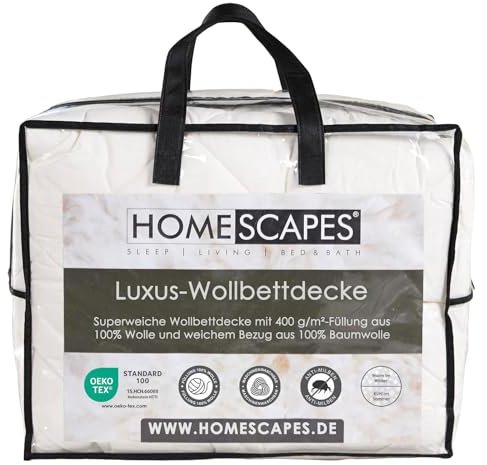 Homescapes Schwere Bettdecke Schafwolle 135x200 cm, Herbst/Winter-Bettdecke mit Wollfüllung & Baumwollbezug, Wollbettdecke mit 400 GSM Füllung, Oeko-TEX Standard 100