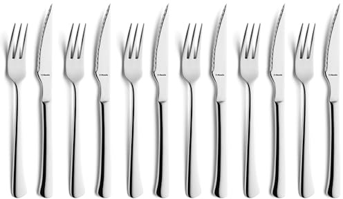 Amefa Chuletero Steakmesser und Gabeln Besteck Set, 6 Personen, 12-teilig | Pizzamesser und Gabeln 12 Stück, Besteckset mit Fleischmesser und Gabel, Steakbesteck, 13/0 Klingenstahl, Spülmaschinenfest