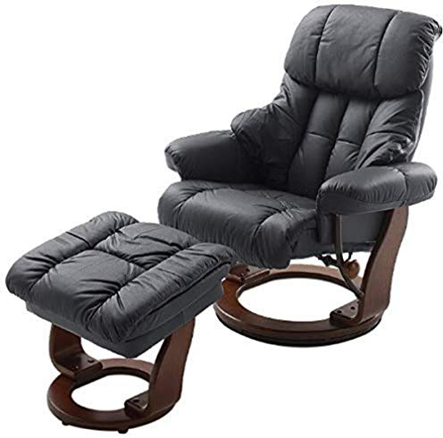Robas Lund Relaxsessel Calgary mit Hocker, bis 130 kg belastbar, drehbarer Fernsehsessel mit Liegefunktion, Echtleder schwarz, Gestell Holz walnuss
