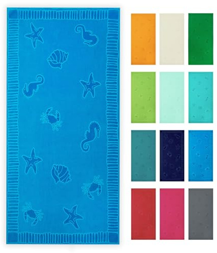 ZOLLNER Strandtuch - hautfreundliches und saugstarkes Handtuch in 100x200 cm - waschbar bis 60°C - Baumwolle in hellblau - eingewebte Meerestiermotive - Oeko Tex® Zertifiziert