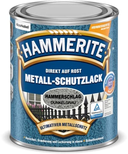 Hammerite Metallschutzlack Hammerschlag, 3in1- Rostschutz, Dunkelgrau, 250 ml