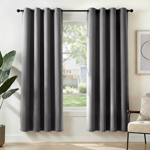 Deconovo Vorhänge Blickdicht Verdunkelungsvorhang mit Ösen Gardinen Wohnzimmer Schlafzimmer Ösenvorhang Wärmehaltung, 175x140 cm(HöhexBreite), Hellgrau, 2er Set