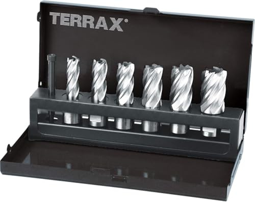 TERRAX Kernbohrer-Satz HSS mit Weldonschaft (3/4") Schnitttiefe 30,0 mm in Industriekassette, Beinhaltet 6 Kernbohrer und ein Auswerferstift, 7-teilig