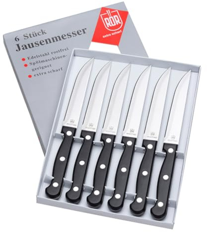 NEUSTANLO | Steakmesser aus rostfreiem Stahl | 6 Stück | Schwarz | extra scharfer Wellenschliff | ideales Brötchenmesser, Jausenmesser für den Mittagstisch