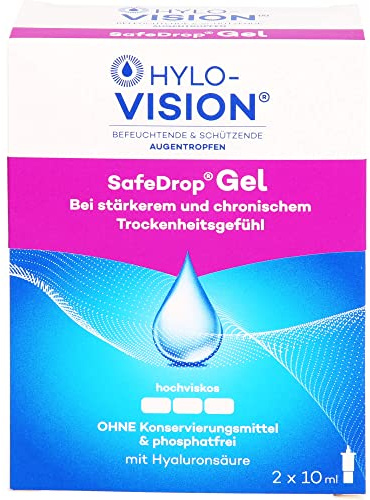 Hylo-Vision SafeDrop Gel Augentropfen – Linderung bei stark und chronisch trockenen Augen, intensive Befeuchtung, hochviskos, konservierungsmittelfrei, geeignet bei Kontaktlinsen, 2x10 ml