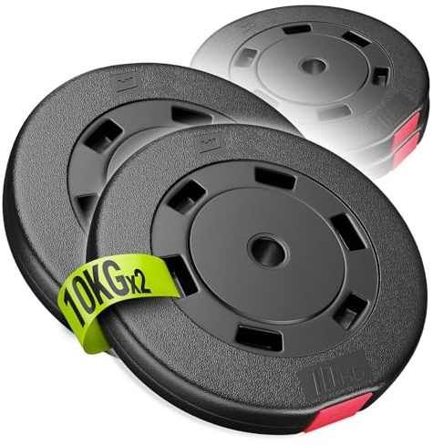 Hop-Sport Hantelscheiben Set 20 kg (2x10 kg) Kunststoff, Gewichtsplatten mit 31mm Lochdurchmesser, ideal für Standard 30mm Langhantelstangen, Robuste Gewichtsscheiben für Krafttraining