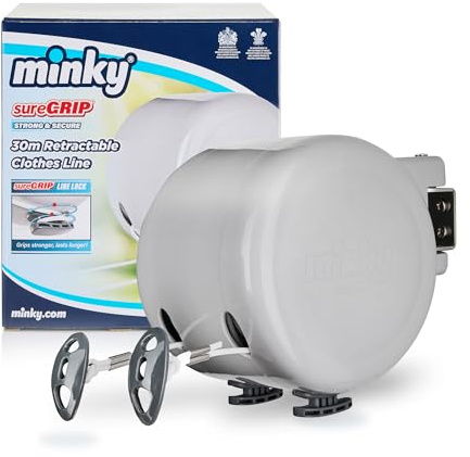 Minky ausziehbare Wäscheleine für außen 30 m (2 × 15 m), wetterfest, mit Wandhalter, für Garten & Balkon
