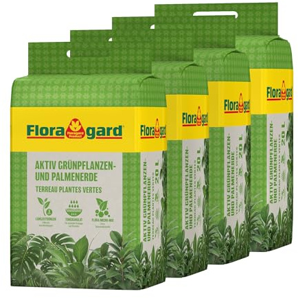 Floragard Aktiv-Grünpflanzen- und Palmenerde 4x20 L • Spezialerde für Palmen, Farne, Ficus, andere Grün- und Zimmerpflanzen • mit 3-Monate-Langzeitdünger • zum Topfen und Umtopfen • 80 L