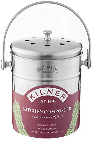 Kilner Küchenkomposter 2 L, Edelstahl, austauschbarer Aktivkohlefilter, geruchsarmer Biomülleimer für die Küche, ideal für Arbeitsplatte, Küchenschrank oder unter der Spüle