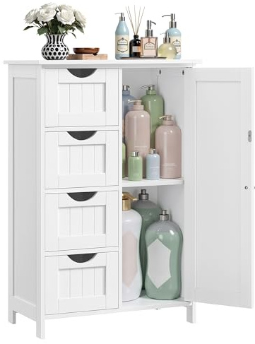 VASAGLE Badezimmerschrank, schmaler Badschrank, Beistellschrank, Kommode, mit 4 Schubladen, Schranktür, verstellbare Ablage, 30 x 55 x 82 cm, weiß LHC41W
