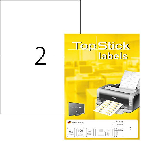 TopStick 8718 Universal Etiketten, 100 Blatt, 210 x 148 mm, 2 pro A4 Bogen, 200 Stück, selbstklebend, bedruckbar, matt, blanko Papier Klebeetiketten Aufkleber, weiß