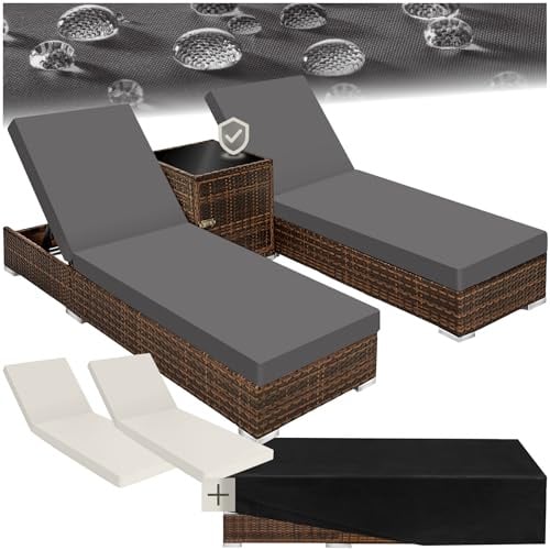 tectake® 2er Garten Lounge Sonnenliegen Set mit Tisch, Aluminium Gartenliege, Gartenlounge Outdoor, Relaxliege inkl. 2 Bezugsets und Schutzhülle, Outdoor Poly Rattan Gartenmöbel Set, 2er Set - braun