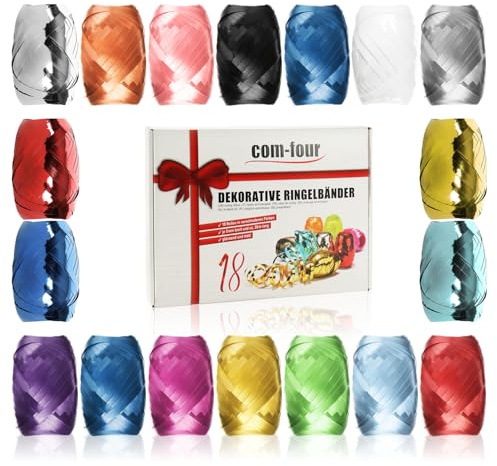 com-four® 18x Ringelband in bunten Farben - 20 m je Rolle - tolles Set Geschenkbänder in Geschenkverpackung - zum Basteln und Verpacken - Polyband für Schleifen und saisonale Deko (Dekorativ)