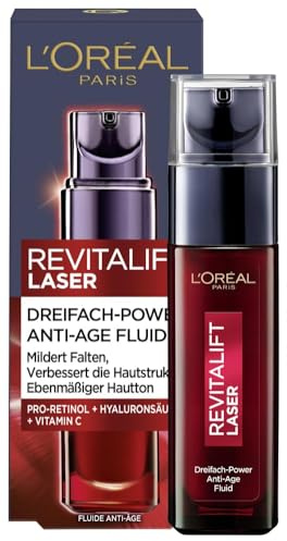 L'Oréal Paris Anti-Aging Fluid für Frauen, Gesichtspflege gegen Falten & für ebenmäßigeren Hautton, mit Hyaluronsäure, Pro-Retinol und Vitamin C, Revitalift Laser, 30 ml