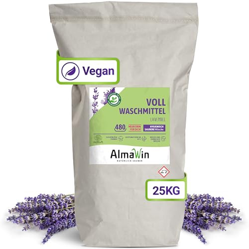 AlmaWin® Vollwaschmittel Pulver [25kg - 480 Ladungen] mit Lavendel-Duft für strahlende Reinheit - Waschmittel Pulver für alle weißen & farbechten Textilien [30-95°C] - Veganes Voll-Waschpulver