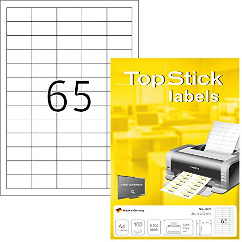 TopStick Universal-Etiketten A4, 100 Blatt, 6500 Stück, 38x21,2 mm, weiß | Klebeetiketten für Laser & Inkjet, 65 Stück pro Blatt, Papier, matt, permanent, selbstklebend, bedruckbar, Art. 8697