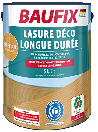 BAUFIX Dekor Langzeitlasur eiche hell, seidenglänzend, 5 Liter, Holzlasur, Holzschutzlasur für außen und innen, für viele Nadel-/Harthölzer