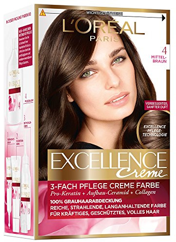 L'Oréal Paris Permanente Haarfarbe, 100 Prozent Grauhaarabdeckung, Haarfärbeset mit Coloration, Shampoo und 3-Fach Pflege Creme Farbe, Excellence Crème 4 Mittelbraun