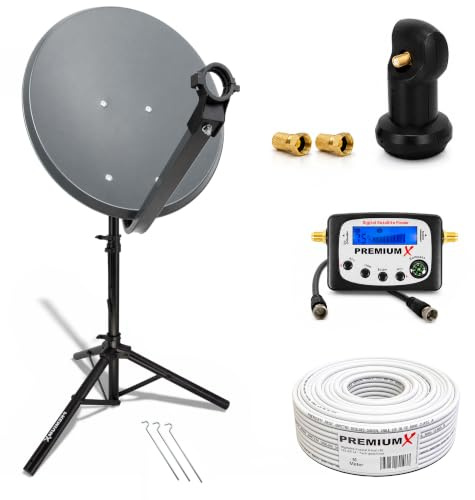 PremiumX Camping Satelliten-Komplettanlage 60cm SAT-Schüssel Single | LNB Sat-Finder 10m Kabel F-Stecker Dreibein-Stativ