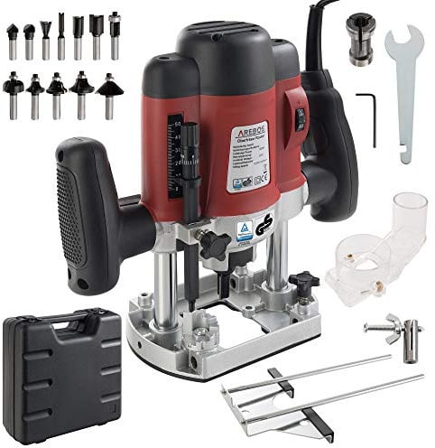 Arebos Oberfräse mit Koffer (1200 W, Ø 6 und 8 mm, Drehzahlregelung, Parallelanschlag, Reduzierstück, Kopierhülse, Absaugadapter, inkl. Zubehör) inkl. Fräser Set 12-teilig