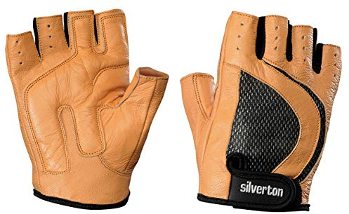 Silverton Classic Leder Fitness Handschuhe, Trainingshandschuhe / Größe M / Für Damen & Herren / Weiche Polsterung / Für Gym, Calisthenics und Fahrrad / Mit Doppelnähten, Fingerlos & Sicher