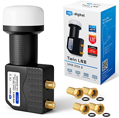 hb-digital Twin LNB - Test SEHR GUT* - für 2 Teilnehmer LTE Filter 2-Fach Full HD 4K 0.1dB mit Wetterschutz + 4X F-Stecker für TV Fernseher SAT Receiver Satellitenschüssel - Schwarz